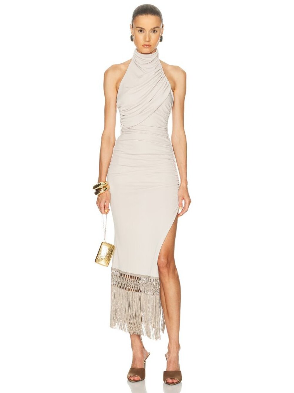 The Andamane Alba Fringed Midi Dress in Greige